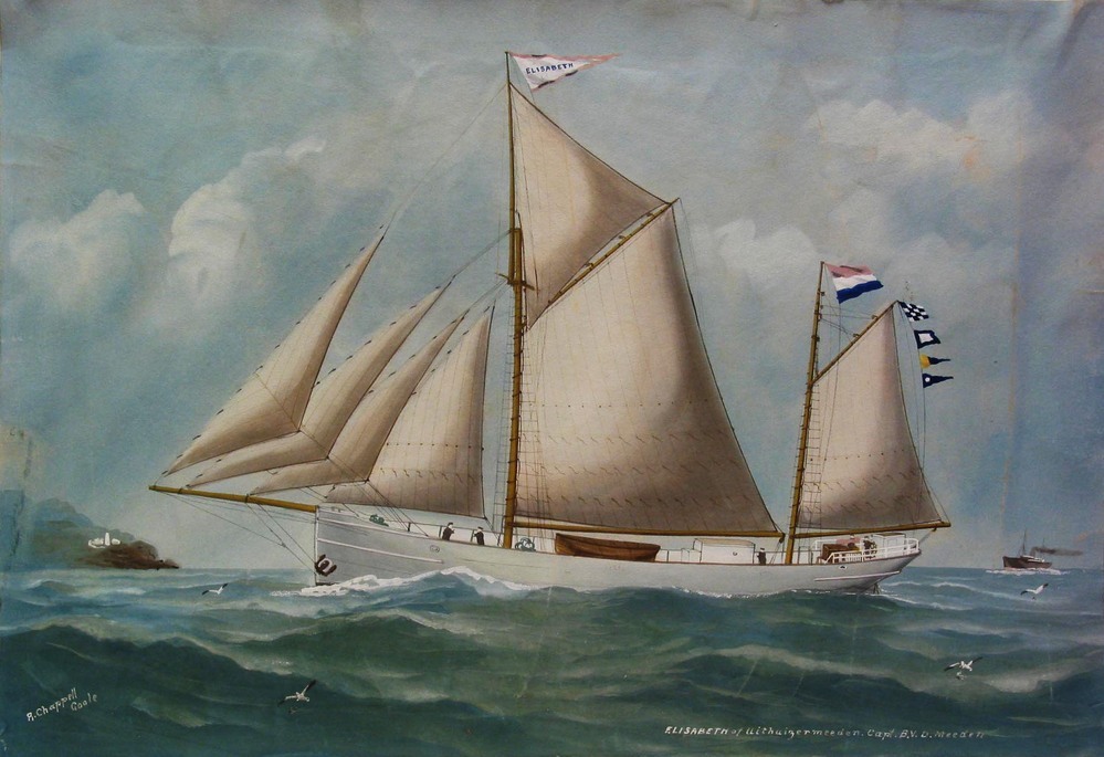 Scheepsportret van de vrachtlogger Elisabeth van Uithuizermeeden, Kapitein B.v.d.Meeden, aquarel door Reuben Chappell, ca. 1850-1925