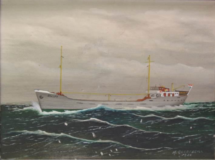 Coaster 'Swift' , olieverf op doek door H. Geertsema, 1954.