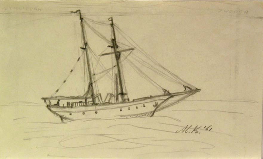 Schoener in open zee, potloodtekening, M. Klompien, 1961