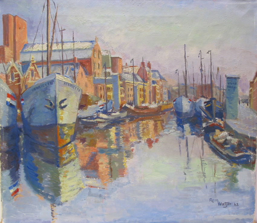 Gezicht op de Noorderhaven, olieverf op doek door Rem Watjer, 1942