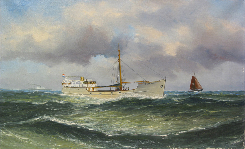 De kustvaarder 'Noordzee' op volle zee, olieverf op doek door H.A. Jaarsma, 1935.