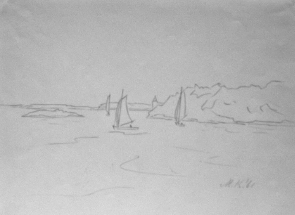 Stockholms Skargard, Zweden, potloodtekening, M. Klompien, 1961