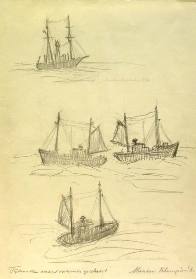 Vissersboten en lichtschip, potloodtekening, M. Klompien, 1961