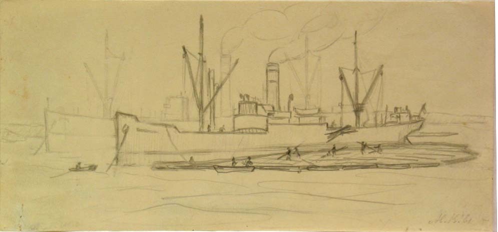 Houtladen Yxpila Finland 1961, potloodtekening, M. Klompien, 1961