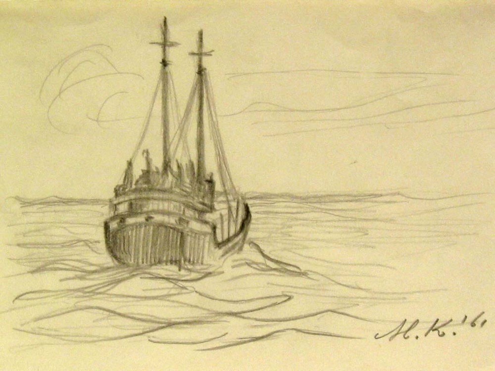 Coaster op zee, potloodtekening, M. Klompien, 1961