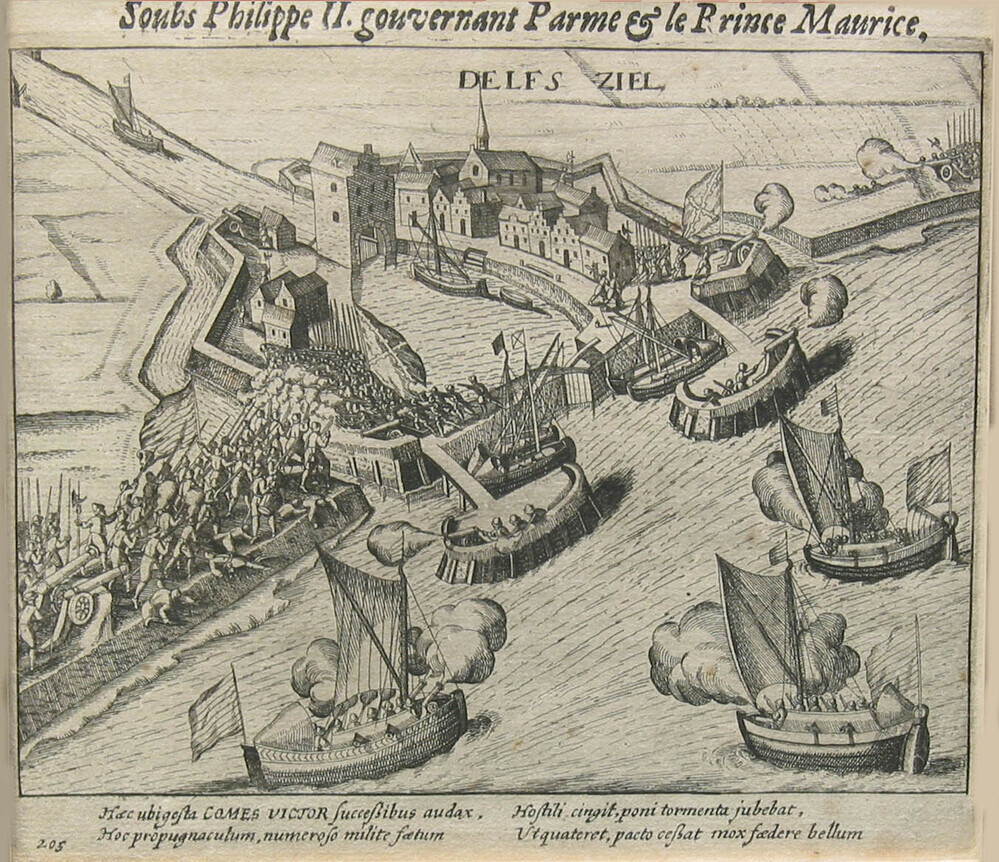 De belegering van Delfzijl door prins Maurits, ets, circa 1591-1600