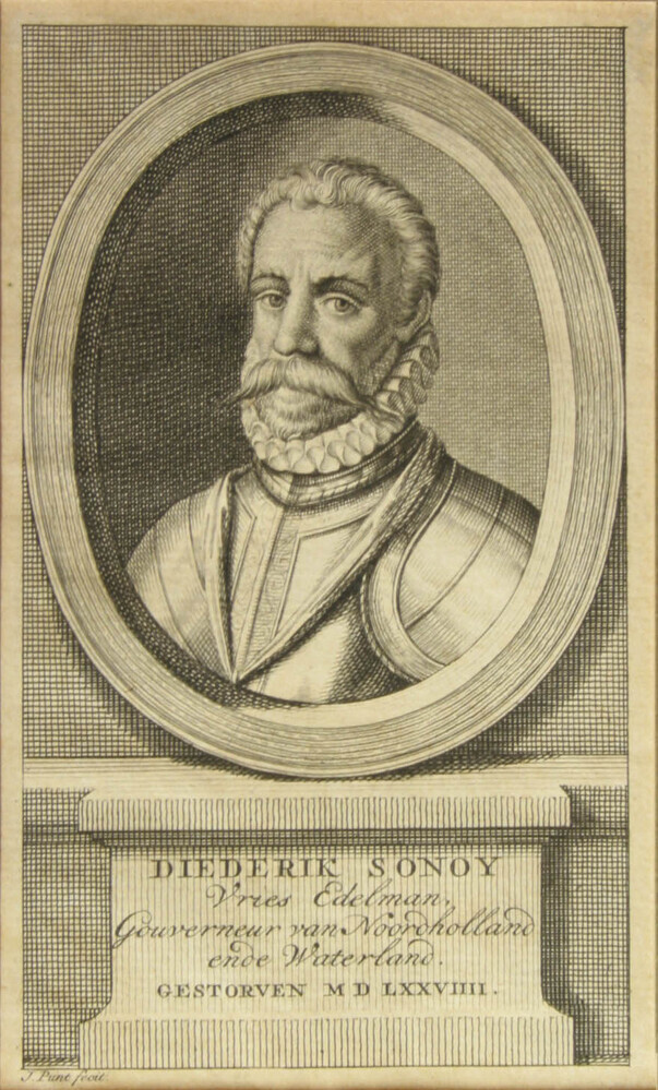Portret van Diederik Sonoy, gouverneur van Noord-Holland, ets en gravure door Jan Punt, 1749