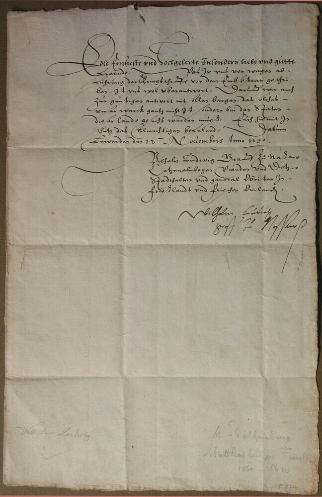 Brief van Willem Lodewijk, graaf van Nassau aan de stad Emden, 1590