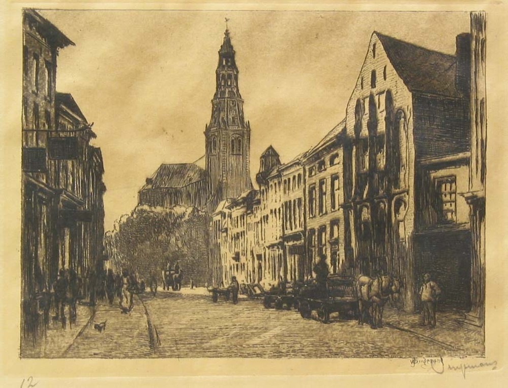 De Brugstraat in Groningen, ets door W.J. Dingemans, ca. 1900.