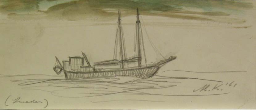 Zeilboot (Zweden), waterverf/potloodtekening, M. Klompien, 1961