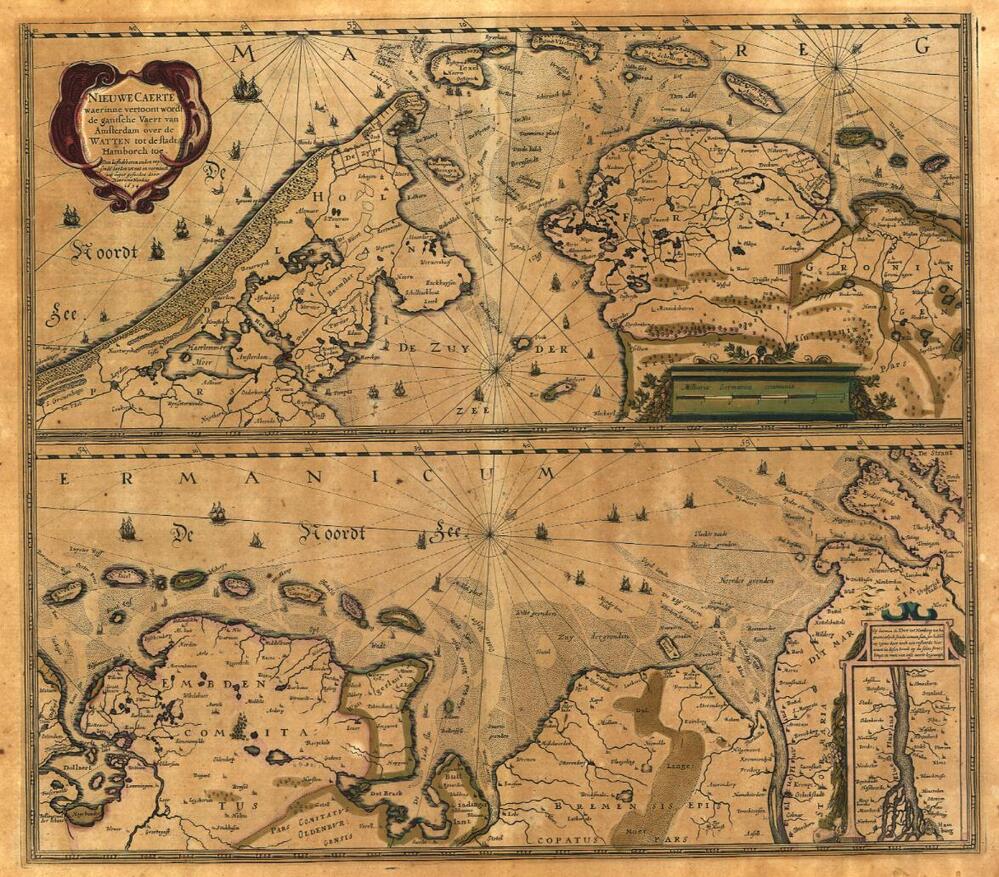 Kaart van de zeeweg van Amsterdam naar Hamburg met tekst: "Nieuw Caerte waerinne vertoont wordt de gantsche Vaert van Amsterdam over de Watten tot de Stadt Hamborg toe" door Hendricus Hondius, 1634