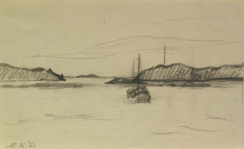 Stockholms Skargard Zweden, potloodtekening, M. Klompien, 1961