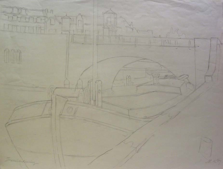 Boteringebrug Groningen, potloodtekening, M. Klompien, 1987