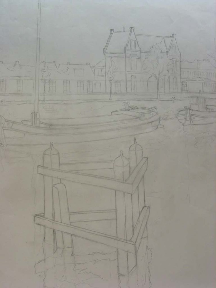 Gezicht op verbindingskanaal met veemarktcomplex Gron., potloodtkening, M. Klompien, 1973