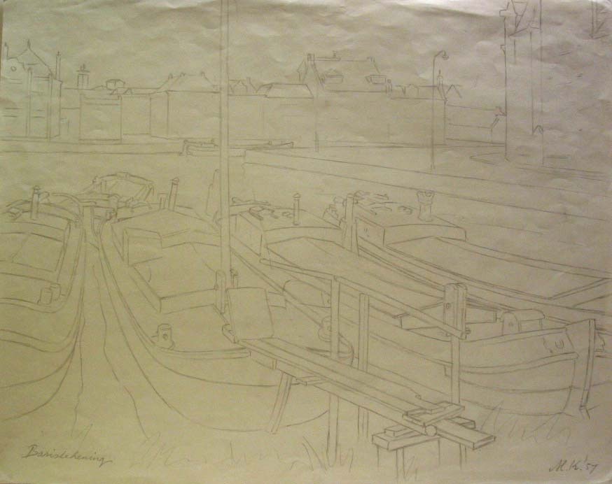 Westerhaven Groningen, potloodtekening, M. Klompien, 1957