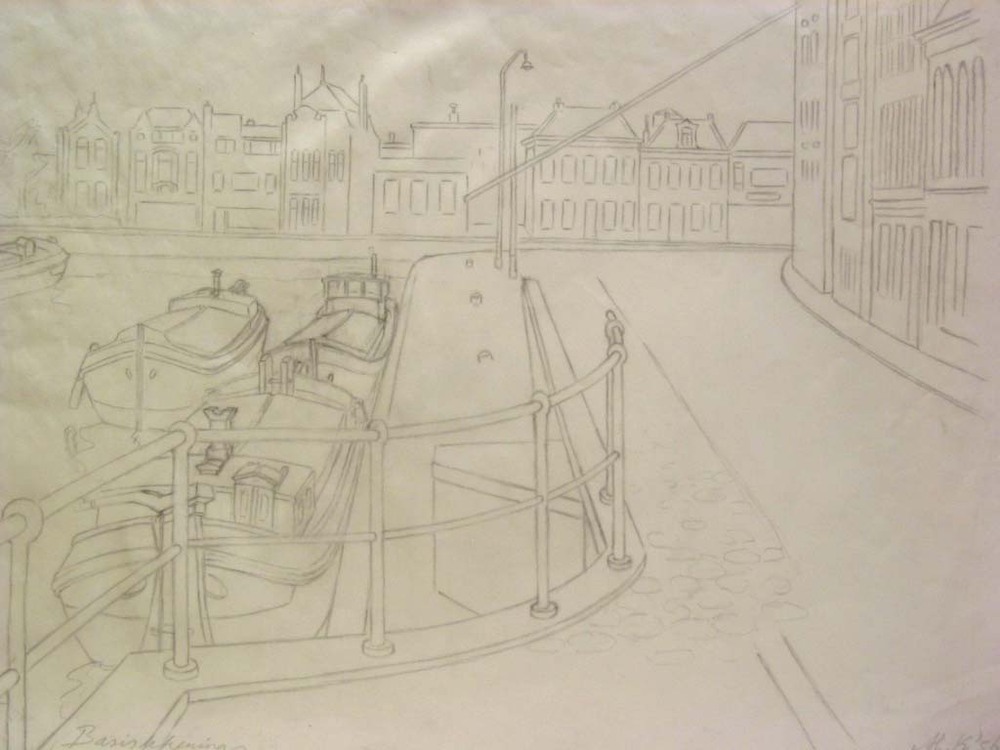Westerhaven met Westerkade Groningen, potloodtekening, M. Klompien, 1956