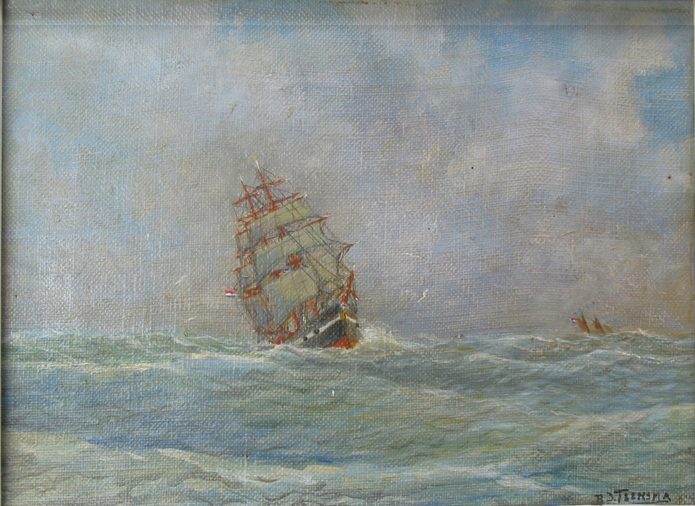 Schilderij ( Homeward Bound) , driemastbark, zeilend op woelige zee, door B.J. Teensma, 1939.
