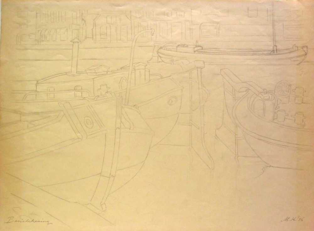 Schepen Westerhaven Groningen, potloodtekening, M. Klompien, 1956