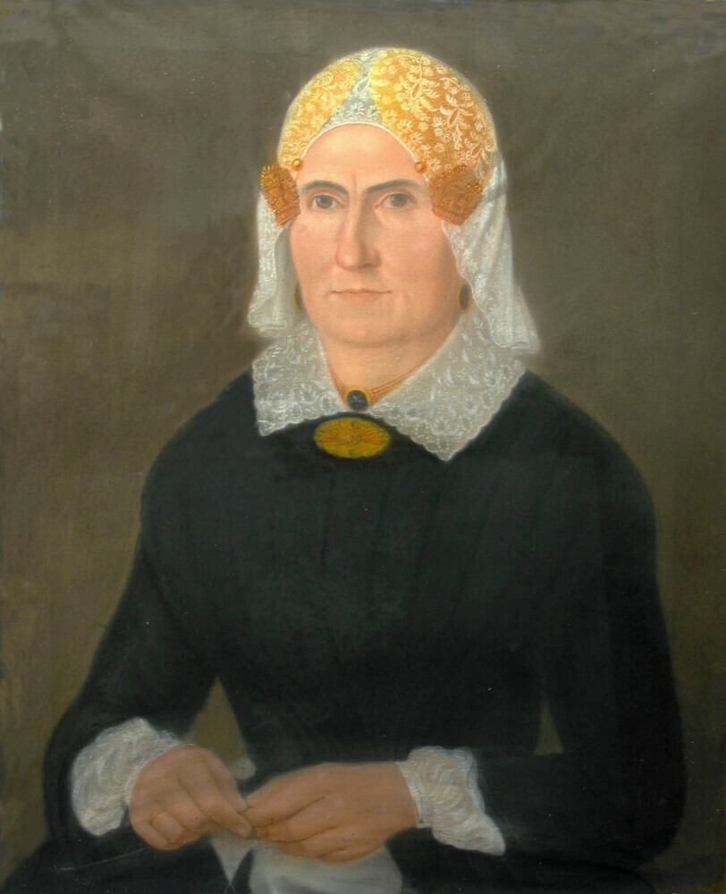 Portret van Geessien Hilbrands, echtgenote van kapitein Derk Harms Botje, pasteltekening door Derk Jacobs Postma , ca. 1862