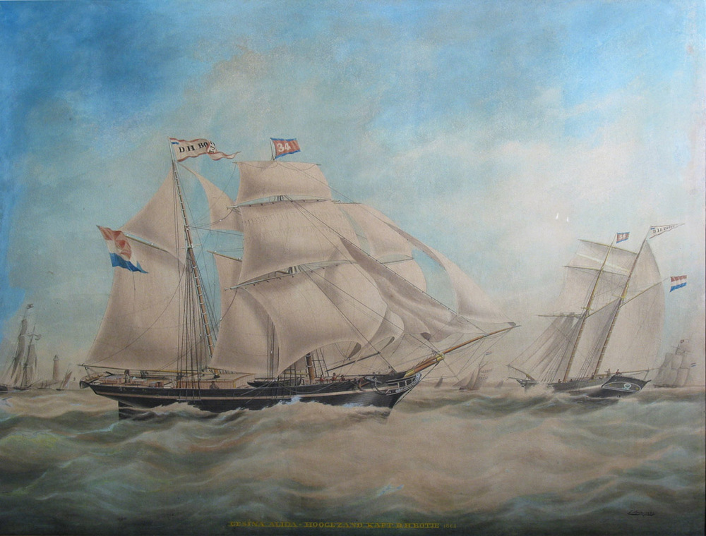 Scheepsportret van de schoenerbrik Gesina Alida, bevaren door kapitein Derk Harms Botje, aquarel door J. Spin, 1861