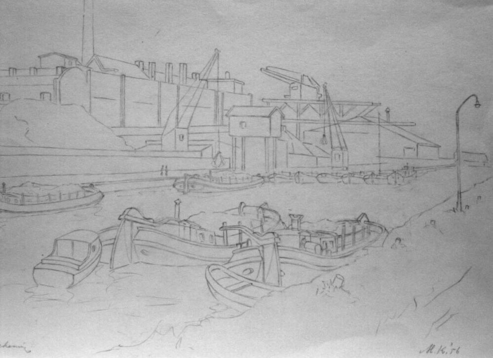 Suikerfabriek Hoendiep Gron., potloodtekening, M. Klompien, 1956