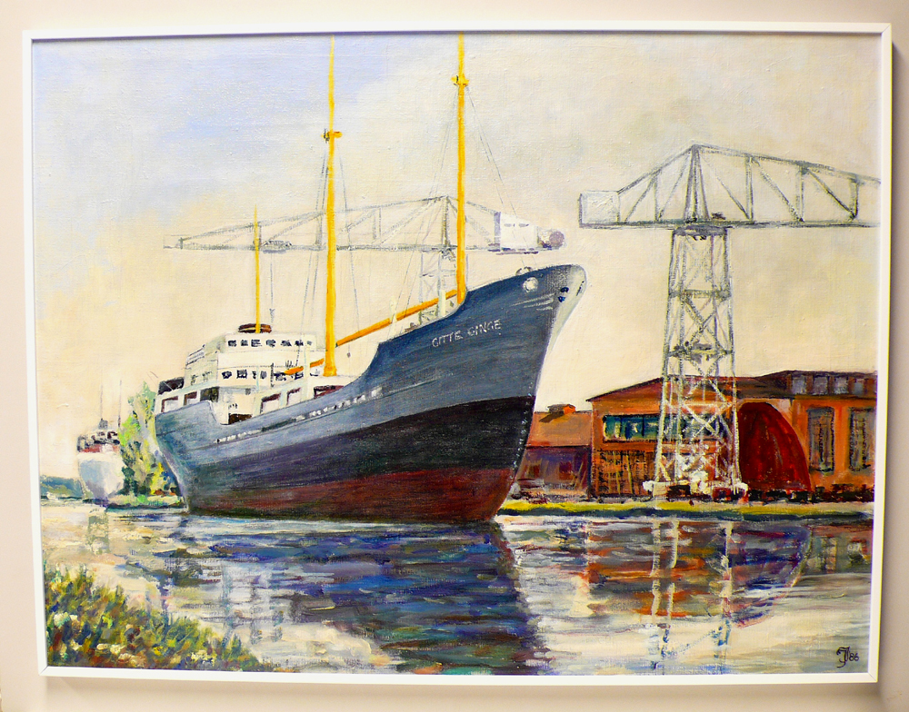 Het Deense motorschip 'Gitte Ginge' aan afbouwkade werf E.J. Smit-Westerbroek, olieverf op doek door Jan Jansen, 1986.