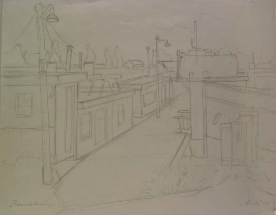 Woonschepenhaven Steiger I Gron., potloodtekening, M. Klompien, 1956