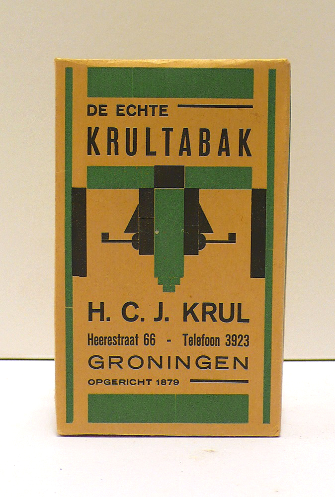 3 pakken "De echte Krultabak, met Art Deco opdruk in groen, grijs en rood. Door H.C.J. Krul, Groningen