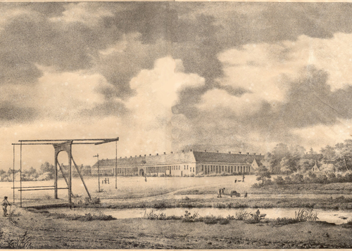 Het Derde Gesticht in de kolonie Veenhuizen, steendruk door Alexandre Boëns, 1826