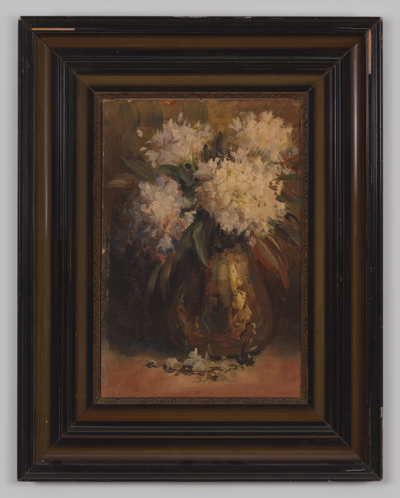 Schilderij, olieverfschilderij, ingelijst, zonder glas, met voorstelling van een bloemenvaas.