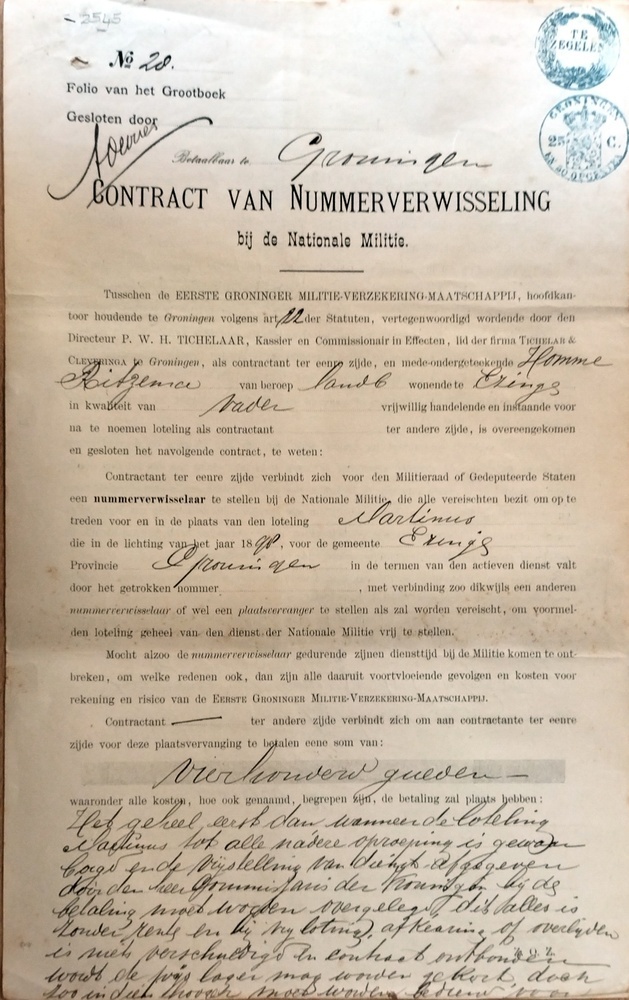 Contract van Plaatsvervanging van Nationale Militie, betreft: Martinus Ritzema. 1897