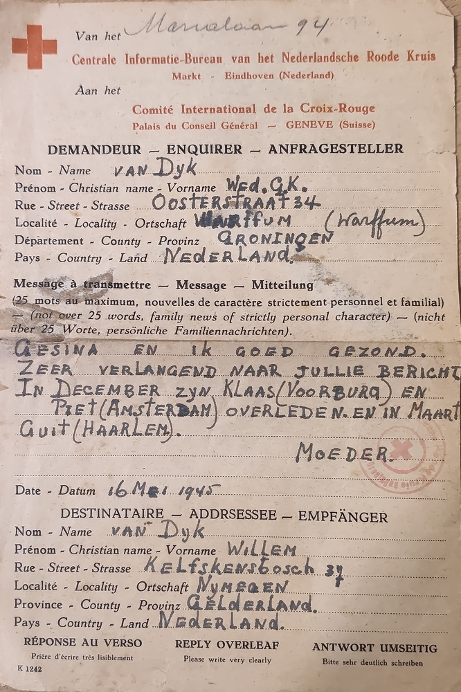 Telegram van G.K. van Dijk aan Willem van Dijk, 16 mei 1945