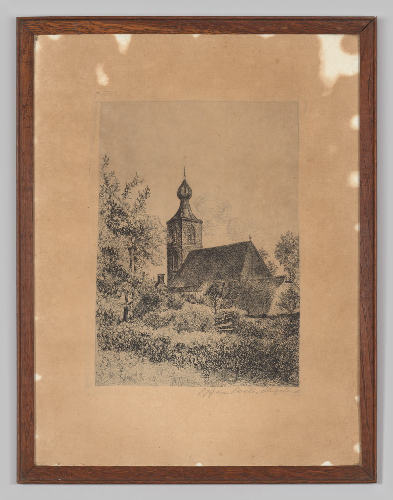 Tekening, ingelijst, achter glas, voorstellende de kerk van Noordwolde (Gr.).