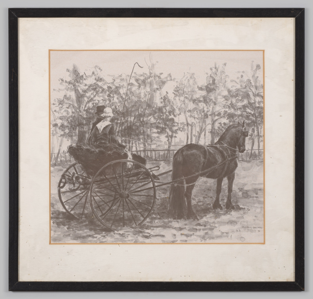 Aquarel in grijstinten, van een kar met paard met 1 man en 1 vrouw als inzittenden