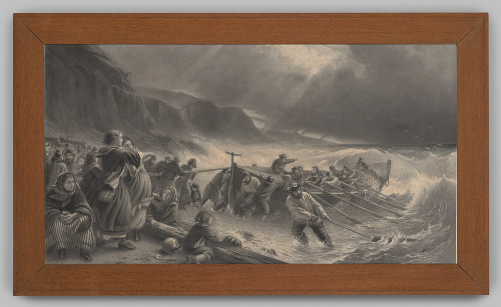 Prent, ingelijst, achter glas, voorstellende het vertrek van een reddingboot