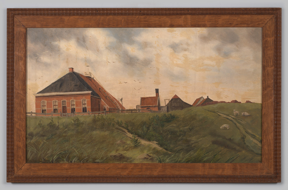 Schilderij, olieverfschilderij, ingelijst, geen glas, voorstellende een boerderij in duinachtig landschap, met een aantal bijgebouwen