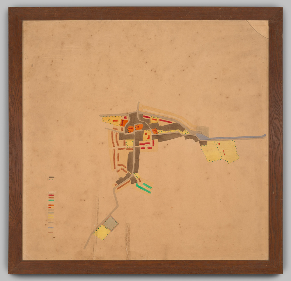 Kaart/plattegrond van een onbekend (fictief?) dorp, waarbij alleen de kleuren nog over zijn. O.a. alle tekst is verdwenen.