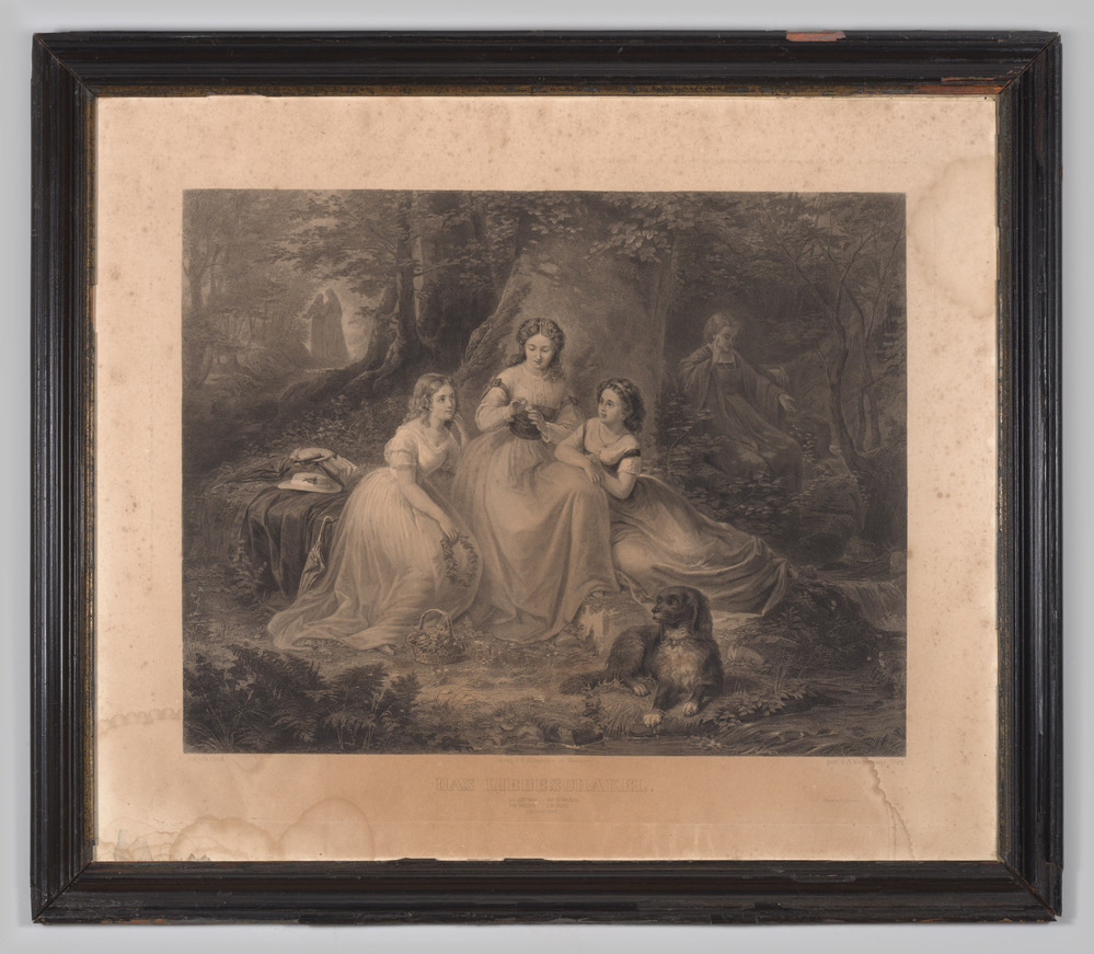 Prent, ingelijst, achter glas, titel "Das Liebesorakel", voorstellende drie jonge vrouwen in een bos.