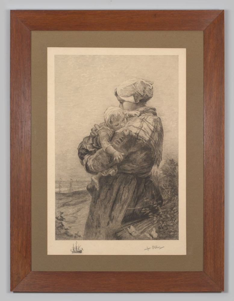 Prent, ingelijst, achter glas: "Vissersvrouw met kind"