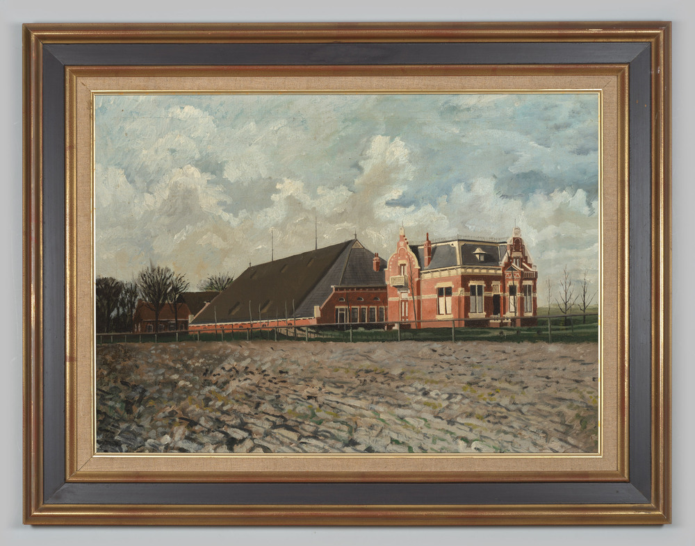 Schilderij, olieverfschilderij, ingelijst, geen glas, voorstellende een boerderij