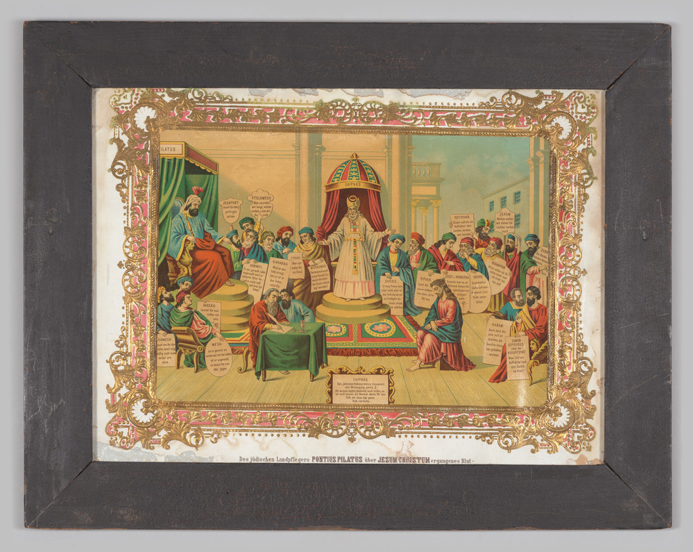 Prent, gekleurd "Des jüdischen Landpflegers Pontius Pilatur über Jesum Christum ergangenes Blut"