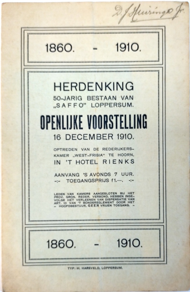 1860-1910. Herdenking 50-jarig bestaan van 'Saffo' Loppersum. Openlijke voorstelling 16 december 1910.