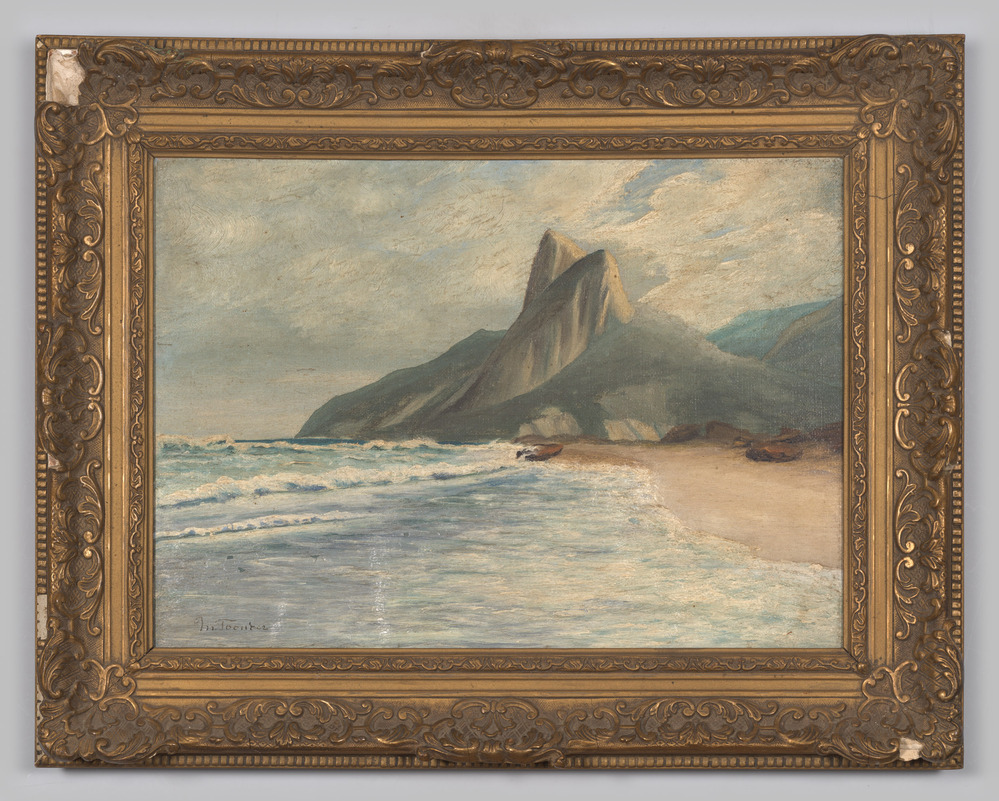 Olieverfschilderij, ingelijst, geen glas, titel "Onbekende kust (II)"