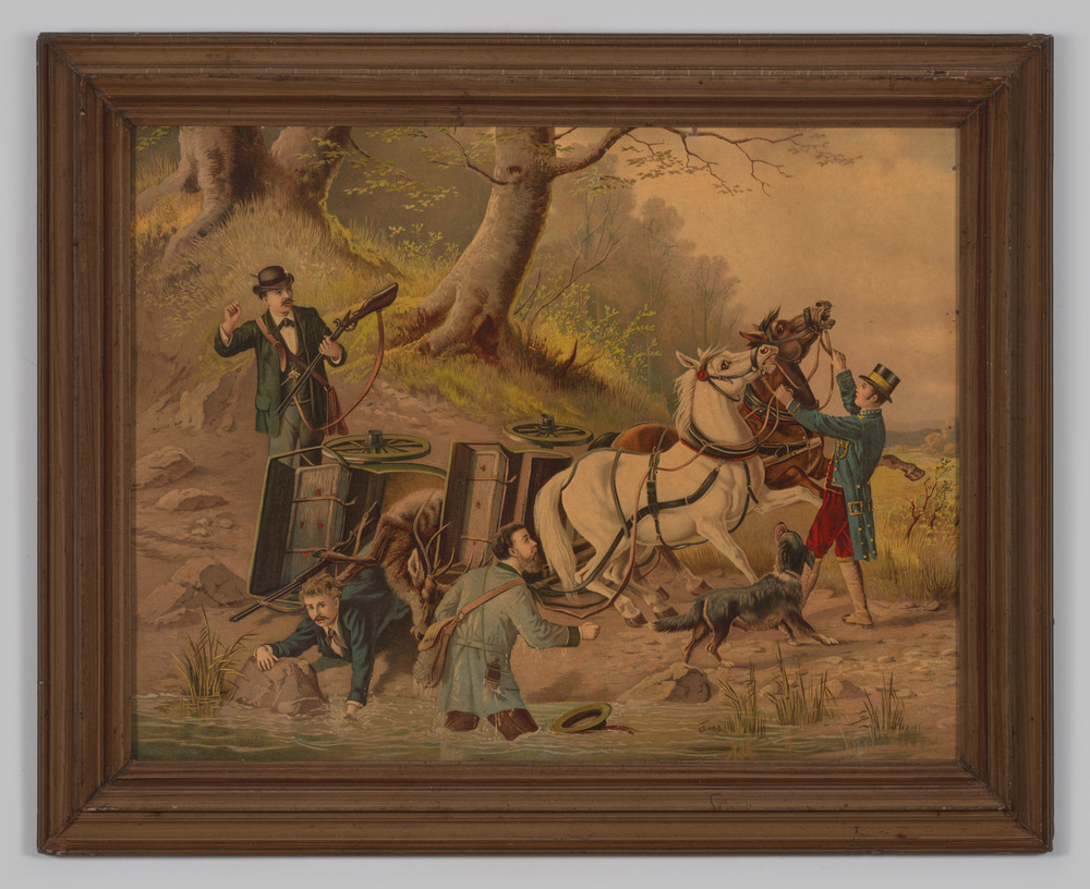 Prent, ingelijst, achter glas, van een bostafereel, afbeeldende een omgevallen koets