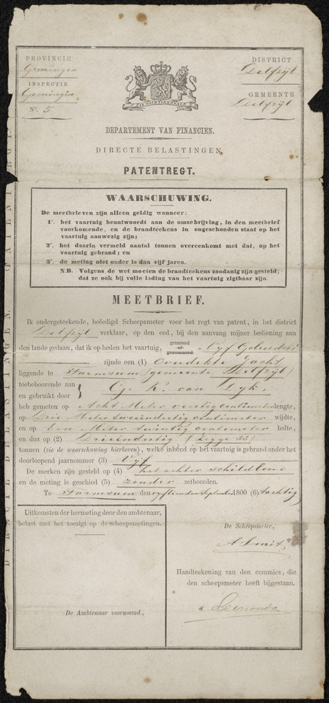 Meetbrief voor schip 'Vijf gebroeders' toebehorend aan G.K. van Dijk, 1880