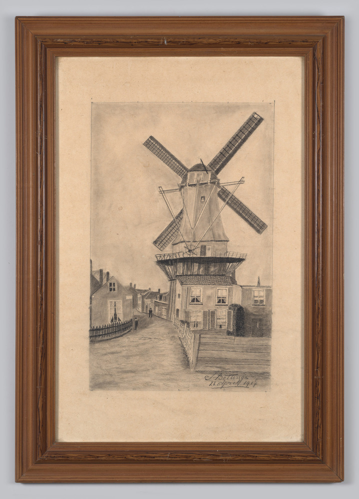 Tekening in lijst en achter glas, voorstellende dorpsstraat met molen