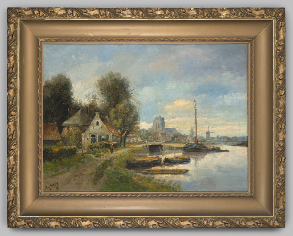 Schilderij, olieverfschilderij met landschap, ingelijst