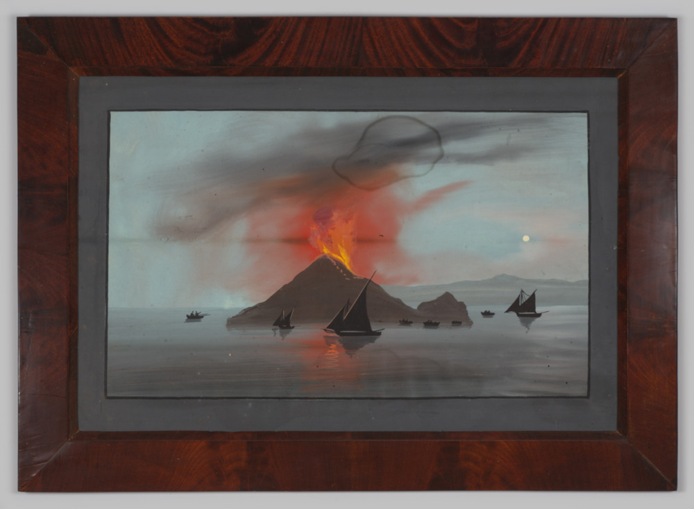 Gouache "De Krakatou", ingelijst, achter glas