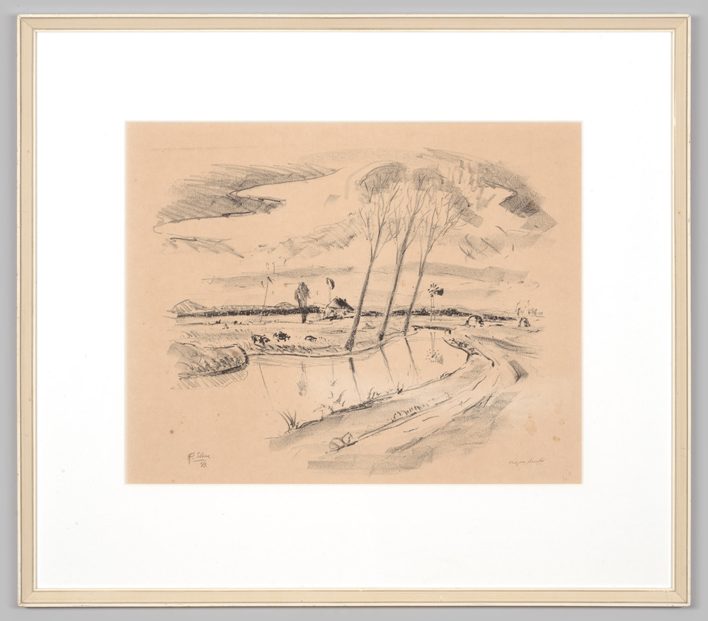 Lithografie in lijst, voorstellende een plattelands-landschap.