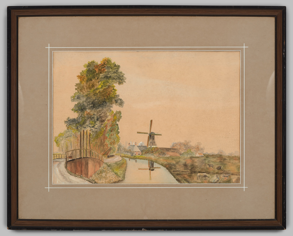 Aquarel, ingelijst, achter glas, voorstellende een gezicht op een dorp